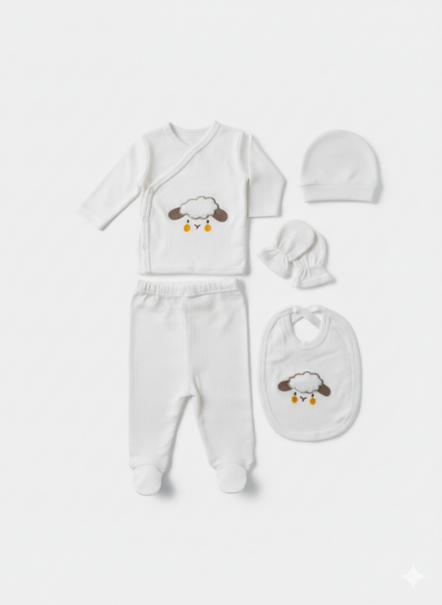 Cloud Beyaz 5'li  Yenidoğan Hastane Çıkış Seti Pamuklu - 1