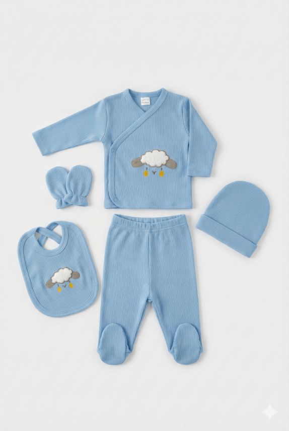Cloud Mavi  5'li  Yenidoğan Hastane Çıkış Seti Pamuklu - 1